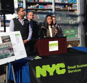 Department of Small Business Services Comissioner Maria Torres-Springer speaks about the city services available for impacted small businesses with Councilmember Mark Treyger, Executive Director of Alliance for Coney Island Johanna Zaki and the owner of JR Island Meat Market.