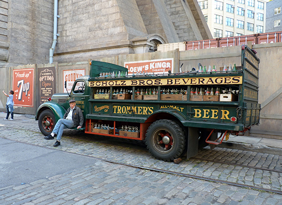 This Scholz Bros. Beverages truck -- packed with 18 varieties of soda and seltzer – was part of the set of a Steven Spielberg thriller being filmed in DUMBO. Photo by Mary Frost