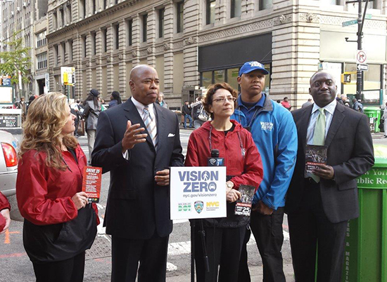 BP Eric Adams (second from left) joined DOT Commissioner Polly Trottenberg (center) and DOT’s Brooklyn Borough Commissioner Keith Bray (right). Photo courtesy DOT