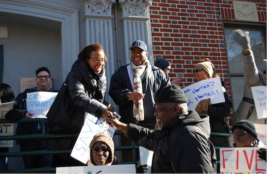 Councilmember Laurie Cumbo and Brooklyn Borough President Eric Adams led a protest at an apartment building on Schenectady Avenue Saturday morning. Photo courtesy of Urban Homesteading Assistance Board
