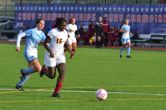 Bergelie Louis was the only senior on Brooklyn College’s women’s soccer team and led by example as she scored the game-winning goal and was named MVP after leading the Bulldogs to their second championship. Eagle photo by Rob Abruzzese