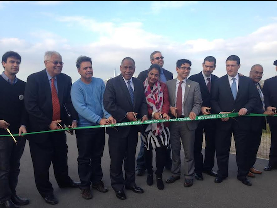 Assemblymember Felix Ortiz (third from left), Councilmember Carlos Menchaca (fourth from right) and other officials celebrate the grand opening of Bush Terminal Piers Park. Photo courtesy Menchaca’s office