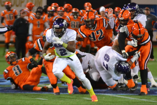 ASA College tried for its third consecutive Northeast Football Conference title on Saturday, but fell short in a 48-20 loss to Nassau. Joseph Williams was the lone bright spot on a cold and disappointing night as he scored two touchdowns and ran for 171 yards. Photo by Rob Abruzzese.