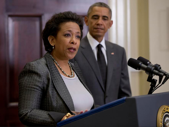 Attorney Loretta Lynch pauses as she speaks in the Roosevelt Room of the White House in Washington, on Saturday, where President Barack Obama announced that he will nominate her to replace Attorney General Eric Holder. AP Photo/Carolyn Kaster