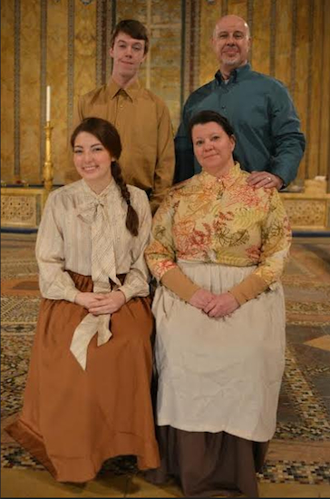 The cast of St. Bart’s Players’ revival of Our Town features Tamara Sevunts as Emily Webb and Bay Ridge resident Veronica Shea (seated right) as Myrtle Webb. Bushwick resident Danny Conover (standing left) plays Wally Webb, and Joe Gambino is Editor Webb. Photo by Alex Farlow 2014