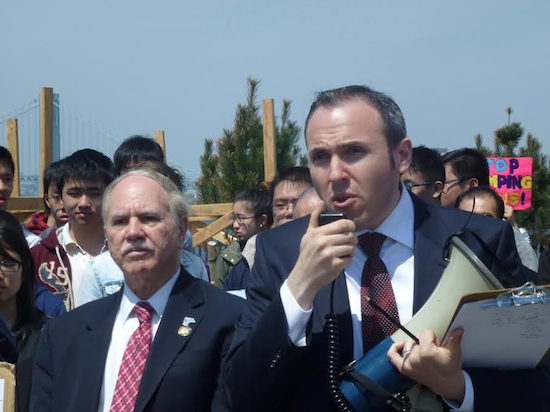 Assemblymember William Colton (left) and Councilmember Mark Treyger led a protest against the proposed trash processing plant in June. Photo courtesy Colton’s office