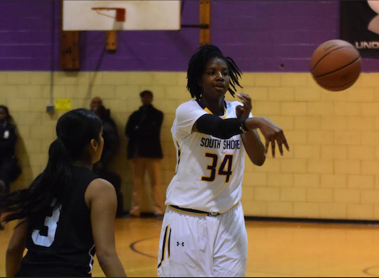 Brianna Fraser had 11 points in the first quarter, but she was held to just 17 for the game as South Shore missed its chance to get revenge on Francis Lewis during a PSAL finals rematch on Friday. Eagle photo by Rob Abruzzese