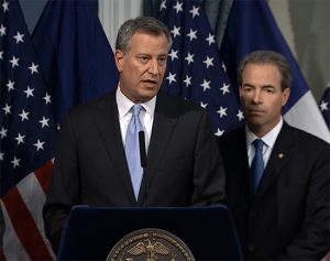 Mayor de Blasio announced a tentative labor deal with the city’s uniformed supervisors, who have been without a contract since 2011 and 2012.  Photo screen-captured from Mayor’s Office livestream