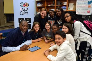 Former NBA star Dikembe Mutombo stopped by M.S. 447 in Boerum Hill on Monday to encourage kids studying computer science — and he even got a lesson from them afterward. Eagle photo by Rob Abruzzese