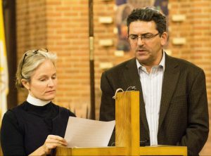 The Rev. Kimberlee Auletta and Cantor Sam Levine in a dialogue about protecting the earth. Photo by Francesca Norsen Tate