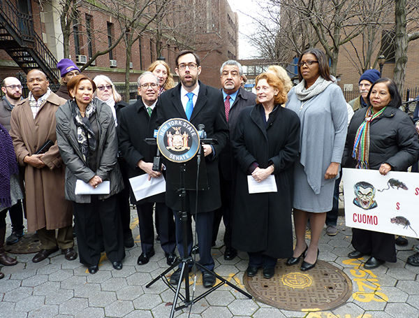 Shown: State Sen. Daniel Squadron, at the podium. Other officials, from left to right, include BP Eric Adams, U.S. Representative Nydia Velazquez, Comptroller Scott Stringer, Assemblymember-elect Jo Anne Simon, and Public Advocate Letitia James. Photo by Mary Frost
