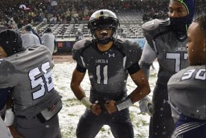 Luis Rodriguez scored both touchdowns for Lincoln at Yankee Stadium and all of Lincoln’s touchdowns throughout the playoffs. He tied a PSAL playoff record that was set in 1993 with nine touchdowns. Eagle photos by Rob Abruzzese