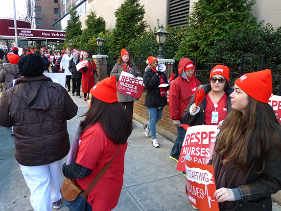 Nurses at New York Methodist Hospital in Park Slope rallied on Monday to bring attention to what they call unsafe staffing levels. Photo by Mary Frost