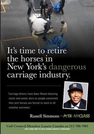 Hip-hop mogul Russell Simmons is one of several celebrities appearing in ads calling on undecided City Council members to vote for a bill banning the city’s horse carriage trade. Image courtesy PETA