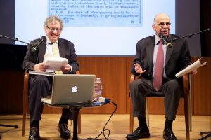 Sam Roberts (r.), New York Times urban affairs correspondent, spoke about his new book “A History of New York in 101 Objects” at the Brooklyn Public Library on Tuesday. Joining him was author Kevin Baker. Photo by Gregg Richards, courtesy of BPL