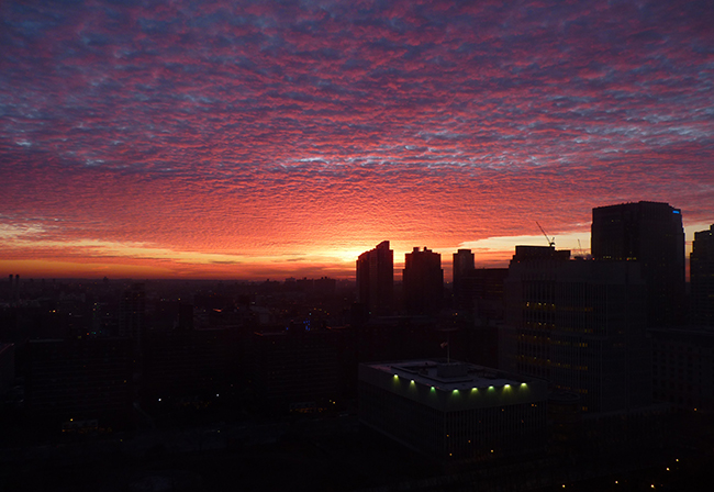 Who needs an art gallery? Stunning altocumulus clouds painted the early morning sky over Downtown Brooklyn on Monday, heralding the coming of colder weather. Photo by Mary Frost