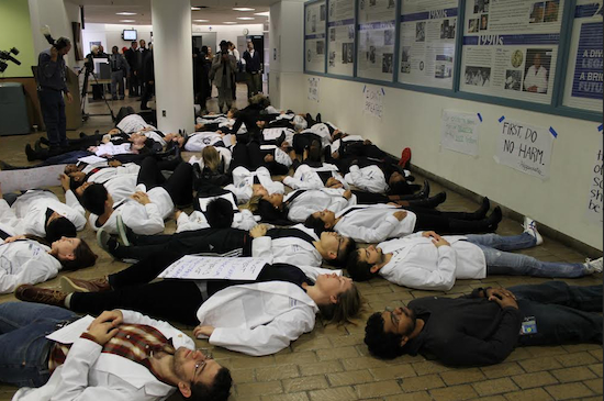 A group of more than 30 SUNY Downstate medical students participated in a die-in Wednesday morning to protest the failure to indict police for the killings in New York and in Ferguson, Mo. Photos by Samantha Yarmis