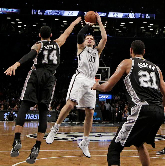 Mirza Teletovic played his best game as a Net Wednesday night as Brooklyn outlasted defending NBA champion San Antonio in overtime at the Barclays Center. AP photos
