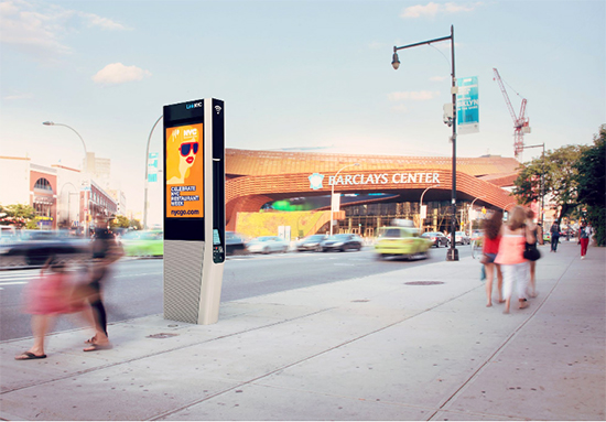 A city committee approved a contract to replace NYC’s payphones with free Wi-Fi kiosks. The LinkNYC device shown above is the superfast ad-supported model, meant for commercial neighborhoods. Rendering courtesy of CityBridge