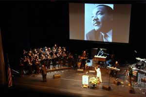 Brooklyn Academy of Music (BAM) commemorated Martin Luther King Jr. with a ceremony featuring patriotic and spiritual music from the New York Fellowship Mass Choir, which sang with Sandra St. Victor and Oya's Daughter. Eagle photos by Benjamin Preston