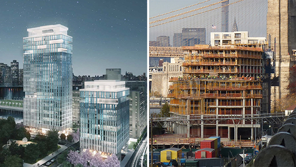 Two advocacy groups say they won’t be uniting in their fight against two unrelated developments in Brooklyn Bridge Park – one at the southern end at Pier 6, and one further north near Pier 1. Left: A rendering of one of more than a dozen Pier 6 proposals, courtesy of Asymptote Architecture. Right: The Pierhouse project near Pier 1. Photo by Mary Frost