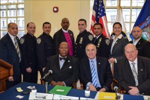 CACCI board members with local politicians and members of the NYPD’s New Immigrant Outreach Unit. Clockwise from left: Edmund A. Sadio, board chairman of CACCI; Det. Roberto Diaz, Det. Ahmed Nasser, Bishop Cecil Riley, P.O. Elvis Vukelj, Lt. Adeel Rana, Inspector Ellen Chang, Sgt. Moise Naolo; Mark Jaffe, president and CEO of Greater New York Chamber of Commerce; NYS Comptroller Thomas P. DiNapoli and Dr. Roy Hastick, president and CEO of CACCI. Eagle photos by Rob Abruzzese.