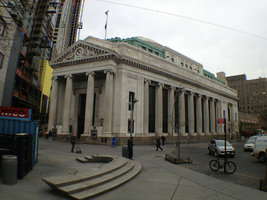 The landmarked Dime Savings Bank at 9 DeKalb Ave. is for sale. The City Point development is seen on the left edge of the photo, and Junior's Restaurant on the right. Eagle photos by Lore Croghan