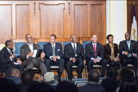 Left to right: Pastor Rohann D. Wellington, moderator; Dr. Allen Martin, Bethel Seventh-day Adventist Church; NYPD First Deputy Commissioner Ben Tucker; Pastor Shane Vidal, Maranatha Seventh-day Adventist Church; U.S. Reps Hakeem Jeffries and Yvette Clarke; and Pastor Gilford Monrose, president of the 67th Precinct Clergy Association. Eagle photos by Francesca Norsen Tate