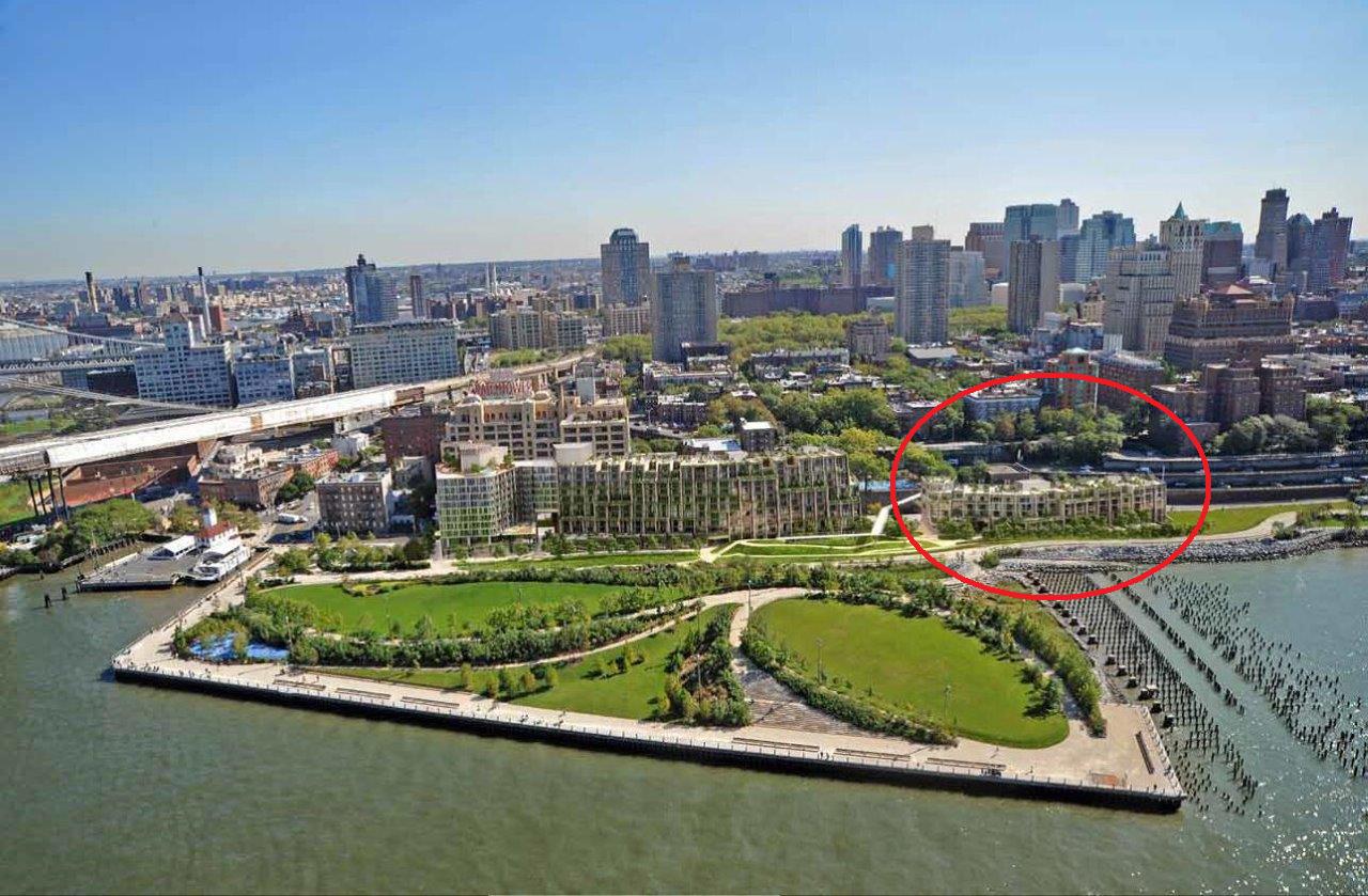 The Department of Buildings has issued a partial stop work order halting construction at 130 Furman St., the southern portion of the Pierhouse project at Pier 1 in Brooklyn Bridge Park, circled here. Rendering courtesy of Toll Brothers City Living