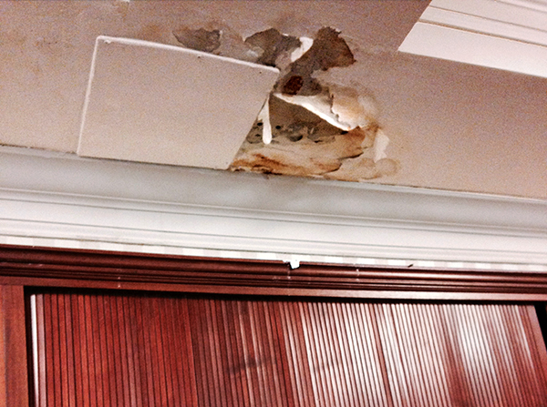 An attorney for the seniors at the Prospect Park Residence shared this photo of a leaking ceiling at the facility, which is also infested with bed bugs. Photo courtesy of Judith Goldiner, Legal Aid Society