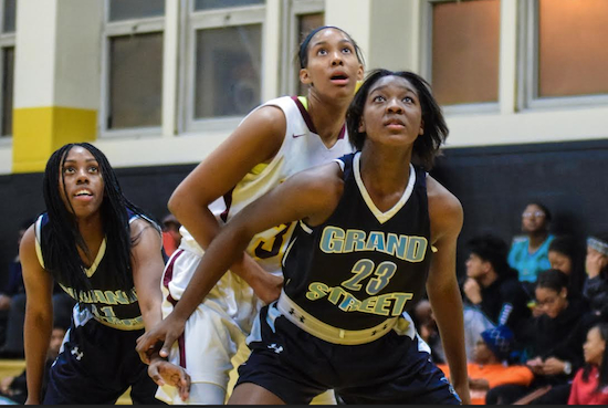 Sophomore Shanique Edwards scored 10 points in the second quarter for Grand Street, which sparked a come-from-behind victory against Medgar Evers Prep on Wednesday. Eagle photos by Rob Abruzzese