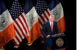 New York Mayor Bill de Blasio delivers his State of the City, which includes the city's Municipal ID, address at Baruch College