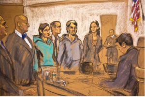 A courtroom sketch shows the three Brooklyn men arraigned on Wednesday. One of the men allegedly planned to bomb Coney Island, alarming local politicians that Homeland Security funding could soon decrease. AP Graphic/Jane Rosenberg
