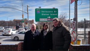 State Sen. Marty Golden (left), and assembly members Nicole Malliotakis and Alec Brook-Krasny came together on Tuesday to call on the MTA to offer discounts to anyone who drives on the Verrazano-Narrows Bridge three or more times a month. Currently, only Staten Island residents receive a discount. Photo courtesy of Golden’s office