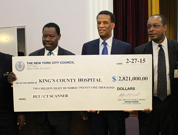 NYC Councilmember Mathieu Eugene on Friday presented a check for $2.8 million to Kings County Hospital Center.