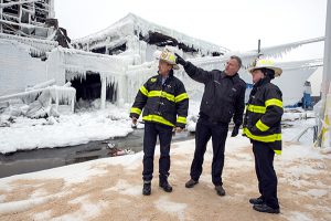 Mayor Bill de Blasio toured the site of Saturday’s massive warehouse fire in Williamsburg on Thursday morning with FDNY Commissioner Daniel Nigro. Some residents are worried about long-term health effects. Photo courtesy of Demetrius Freeman - Mayoral Photography Office