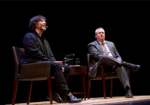 Authors Neil Gaiman (l.) and Daniel Handler (known as Lemony Snicket) appeared in conversation at BAM this week. Photo by Elena Olivo, courtesy of BAM