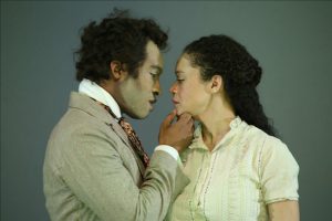 Austin Smith (l.) as George and Amber Gray as Zoe play out a melodrama of hopeless love in the Theatre for a New Audience production of Soho Rep's  “An Octoroon” by Branden Jacobs-Jenkins. Photos by Gerry Goodstein