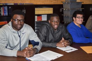 Kamaal Seymour (Rutgers), Abdul Ajelero (Delaware State) and Jacob Jones (Delaware State) signed their National Letters of Intent on Wednesday. Grand Street head coach Bruce Eugene expects more to follow in the coming weeks. Eagle photo by Rob Abruzzese