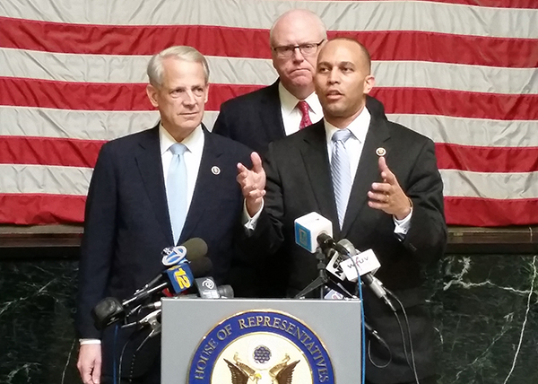 At Laguardia airport on Tuesday, Reps.  Steve Israel (D-Huntington), Joe Crowley (D-Queens, the Bronx) and Hakeem Jeffries (D-Brooklyn) called on the GOP to “stop playing politics with Americans’ safety” and allow funding to go through for the Department of Homeland Security. Photo courtesy of the Office of Hakeem Jeffries