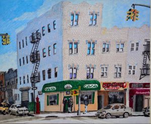 Artist James Rose drew this Bay Ridge street scene. The buildings lining Third Avenue inspired his artist’s eye. Image courtesy of James Rose