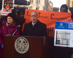 Comptroller Scott Stringer, at podium, pushed for more language help for non-English speakers in Housing Courts, in Downtown Brooklyn on Monday. Shown left- Assemblyperson Jo Anne Simon. Photo courtesy of the Office of the Comptroller