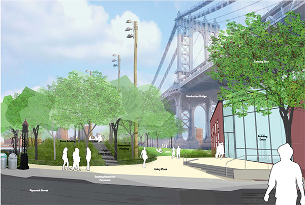 Progress on a number of projects was described at a board meeting of the Brooklyn Bridge Park Corporation on Feb. 26. These include the kickoff of construction on the new Main Street Park, shown here. Rendering courtesy of Michael Van Valkenburgh Associates, Inc. and Architecture Research Office
