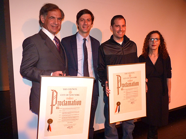 Councilmember Stephen Levin (second from left) honored Brooklyn Friends School Head Dr. Larry Weiss (left) and Athletic Director David Gardella. Right: BFS parent and park Community Advisory Council member Doreen Gallo. Photo by Mary Frost