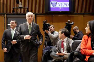 New York Police Commissioner William Bratton, second from left, and Diego Rodriguez, assistant director in charge of the FBI’s New York field office at the ISIS arrest press conference last week. AP photo
