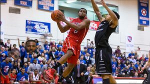 Senior Brent Jones rises to the occasion Wednesday night as St. Francis Brooklyn toppled neighborhood rival LIU-Brooklyn in the opening round of the NEC Tournament on Remsen Street. Photo courtesy of SFC-Brooklyn Athletics