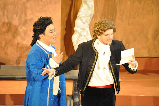 Figaro (David Williams, right) and Count Almaviva (Sungwook Kim, left) hatch a plot to have the Count marry his sweetheart before old Dr. Bartolo does. Photos by George Schowerer