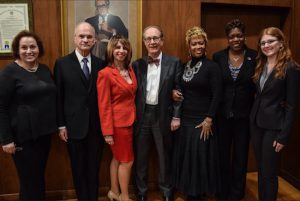 The Brooklyn Bar Association hosted a “How to Become a Judge” event on Tuesday night with (from left to right): Hon. Miriam Cyrulnik, Hon. Fidel F. Del Valle, Rachel H. Nash, Esq., Hon. Gary F. Marton, Hon. Evelyn J. LaPorte, Hon. Sharen D. Hudson­Williams and Danielle Levine. Photos by Rob Abruzzese.