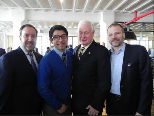 Andrew Kimball (right) CEO of Industry City, unveiled plans to re-develop the Sunset Park site as an innovation and manufacturing hub. He is pictured with Brooklyn Chamber of Commerce President and CEO Carlo Scissura, Councilmember Carlos Menchaca, and state Sen. Marty Golden (left to eight). Eagle photo by Paula Katinas