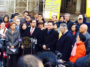 Officials and the Asian-American community rallied at City Hall on Friday to urge the city to designate the Lunar New Year as an official school holiday. Photo by Yuh-line Niou